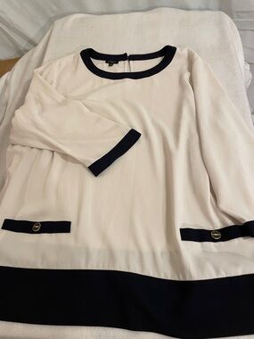 Talbots Navy and Cream Contrast Neck Blouse